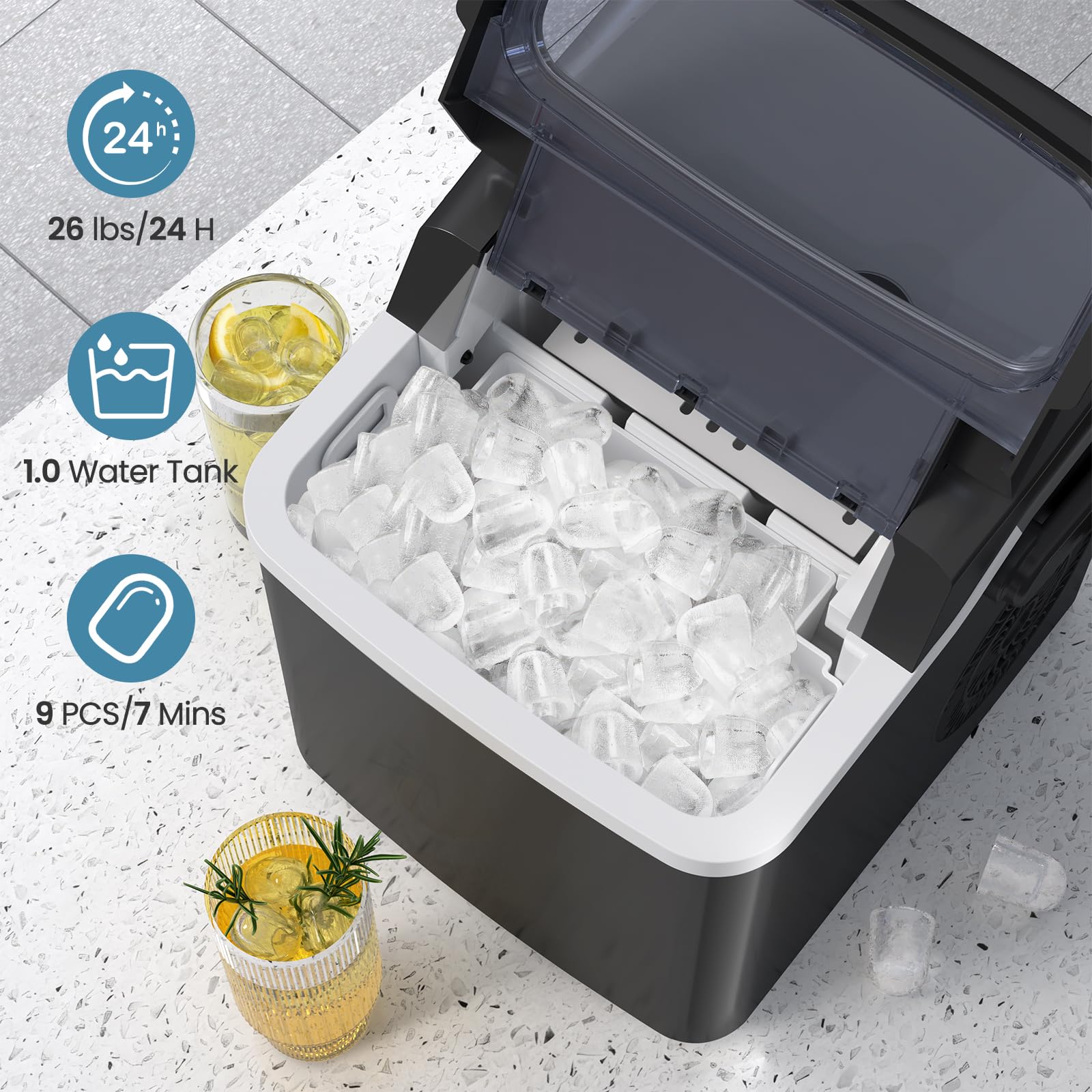 LHRIVER Countertop Ice Maker, Portable Ice Machine with 2 Size of Bullet Ice, 9 Ice Cubes Ready in 7 Mins, Auto-Cleaning Ice Makers with Ice Scoop and Ice Basket, Ideal for Family/Party/Camping, Black