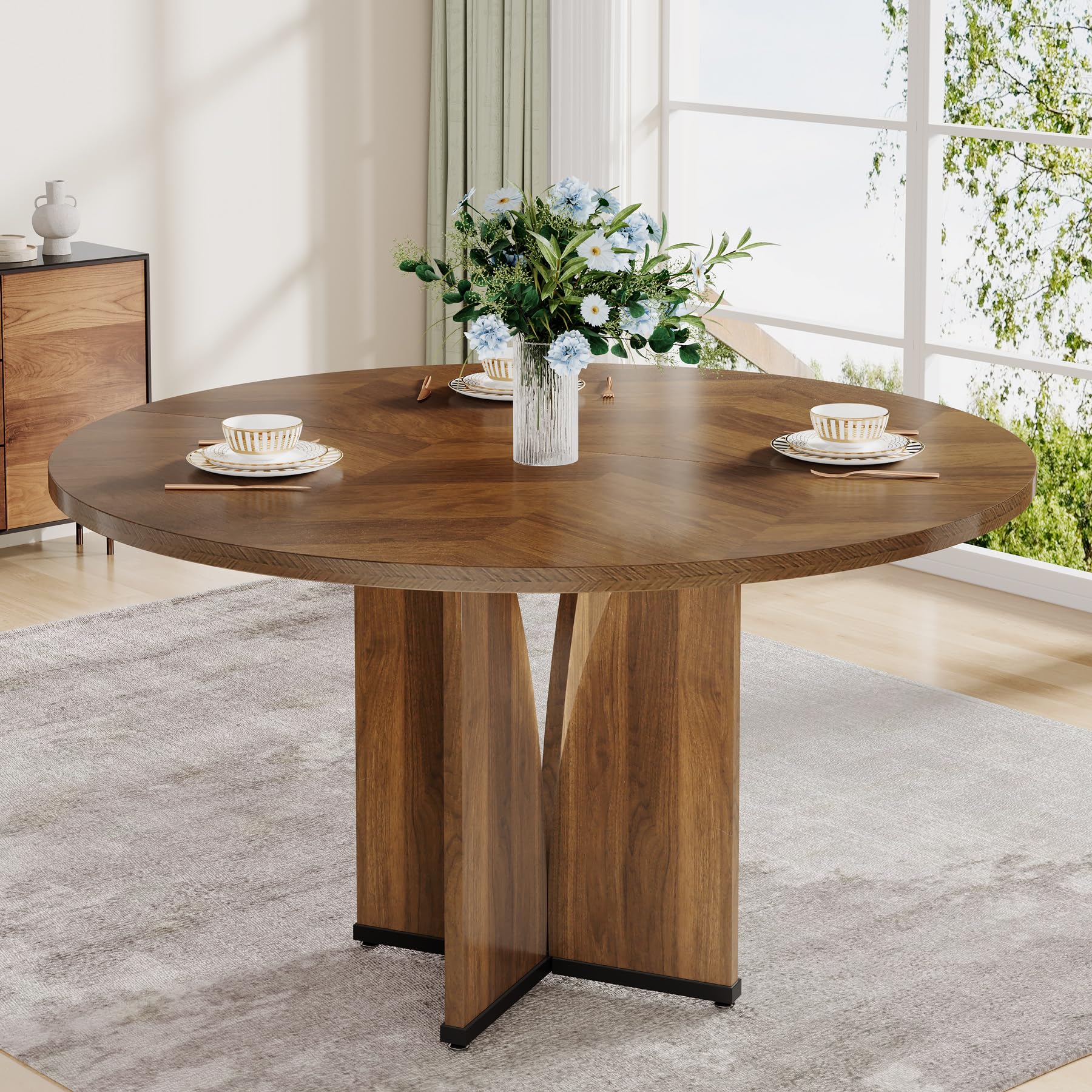 Tribesigns Round Dining Table Wood Kitchen Table for Dining Room Living Room, 39.37" Dining Table for 4 People, Farmhouse Dinner Table with Wooden Table Top and Legs, Rustic Brown (Without Chair)