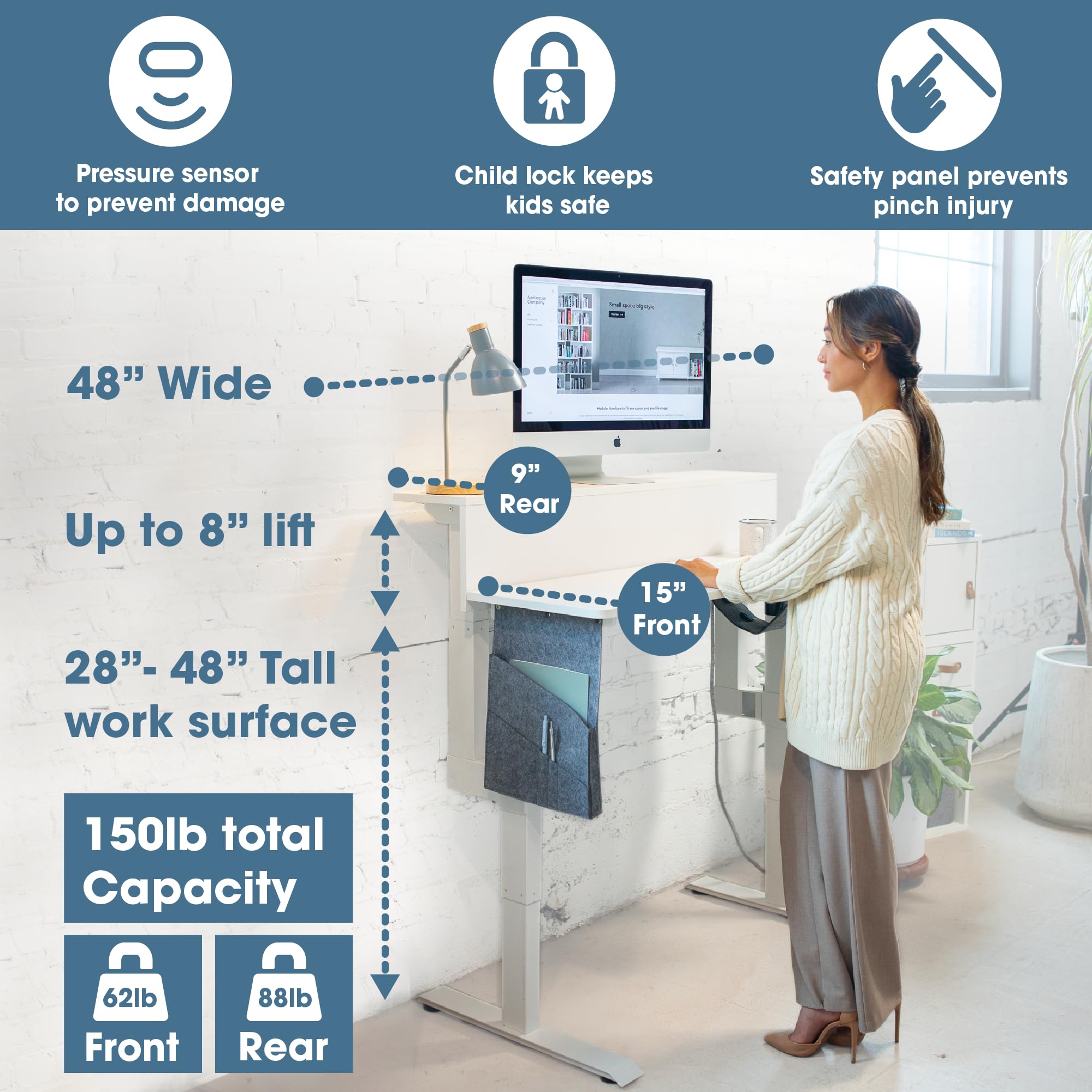 Roam & Remain Dual Lift Adjustable Height Standing Desk — Adjust Both Monitor and Desk Height, Dual Electric Motors 48 x 24 (White)