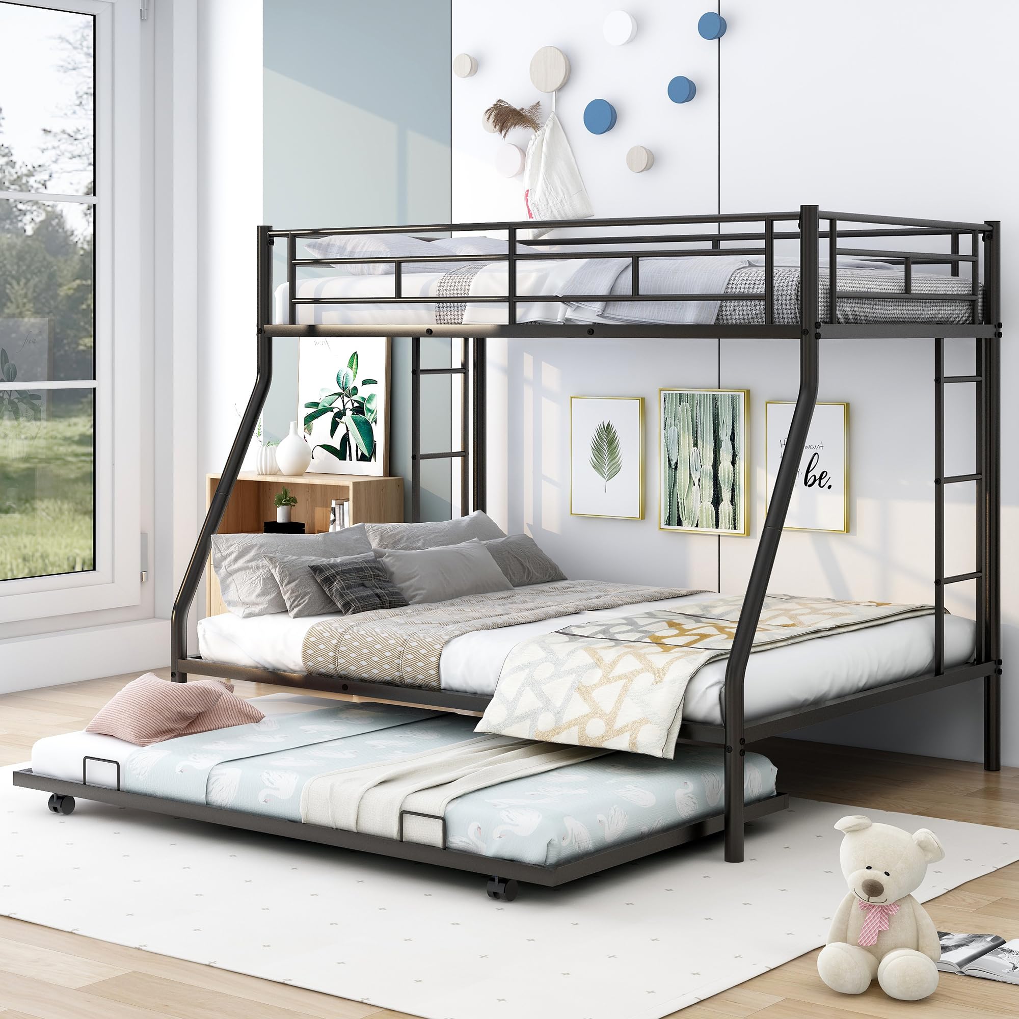 Merax Triple Bunk Beds, Twin Over Full Bunk Bed with Trundle,Sturdy Steel Bunk Beds Frame for 3 Kids/Teens with Two Side Ladders and Safety Guard Rail,Black Color