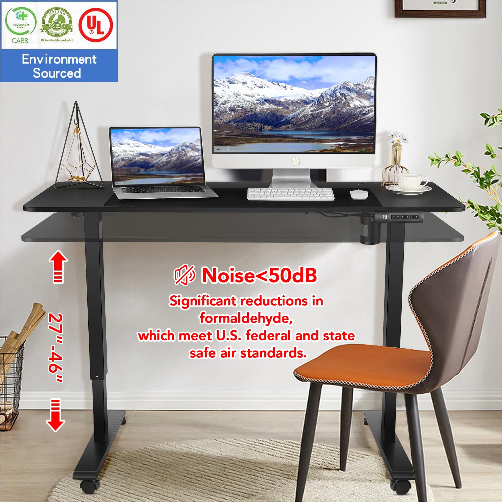 Legooin Electric Standing Desk, 55x24in Adjustable Height Computer Desk with Wheels, Sit-Stand Desk with Charging Station, 2 USB Ports, 3 Power Outlets, Spacious Workstation for Home Office(Black)