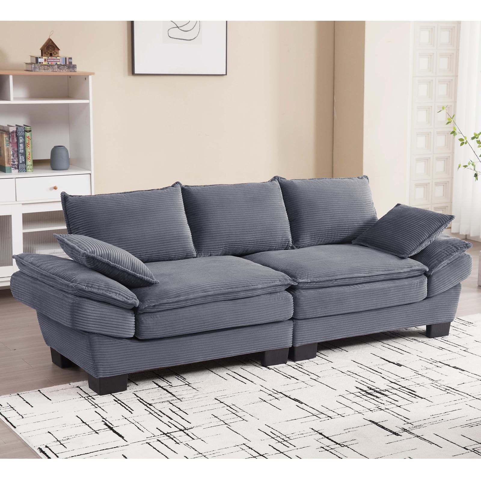 KIVENJAJA Corduroy Small Sectional Cloud Couch, Modern Comfy 3 Seater Sofa Oversized Loveseat with 2 Pillows for Living Room Apartment Bedroom Small Space, 88.6”W, Grey