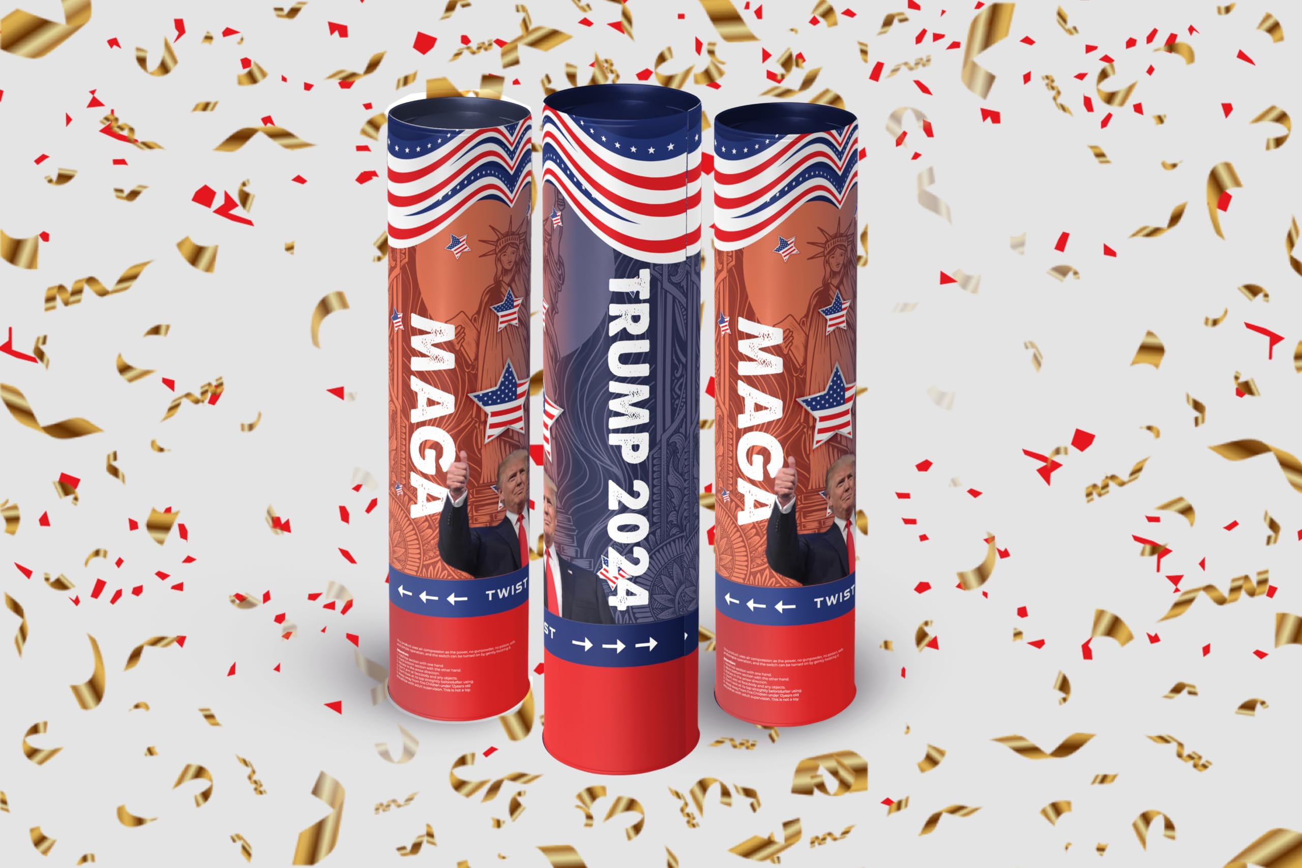 Donald Trump Confetti Cannon, 3-Pack, Metallic Gold and Red, MAGA Party Popper Shooter for 2024 Victory Celebration, Patriotic Events USA Decoration, BOOM 20+ ft Range