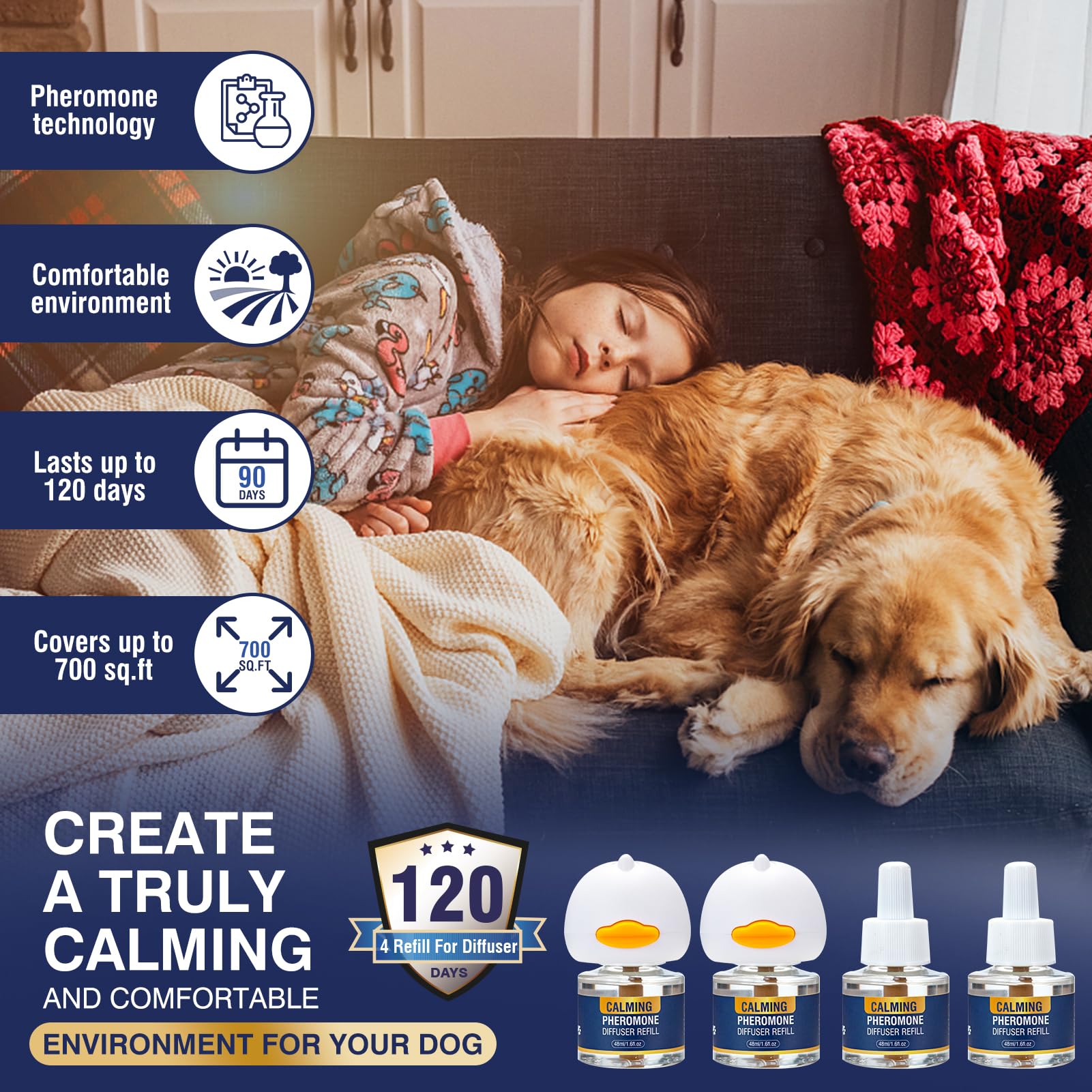 Dog Calming Pheromones Diffuser 6 in 1 Kit Appeasing Pheromone Diffuser to Calm (2 Plug in+4 Pack 48ml Refill) for Anxiety Relief Reduce Aggression Fighting Barking Stress 120 Day Supply(Tasteless)