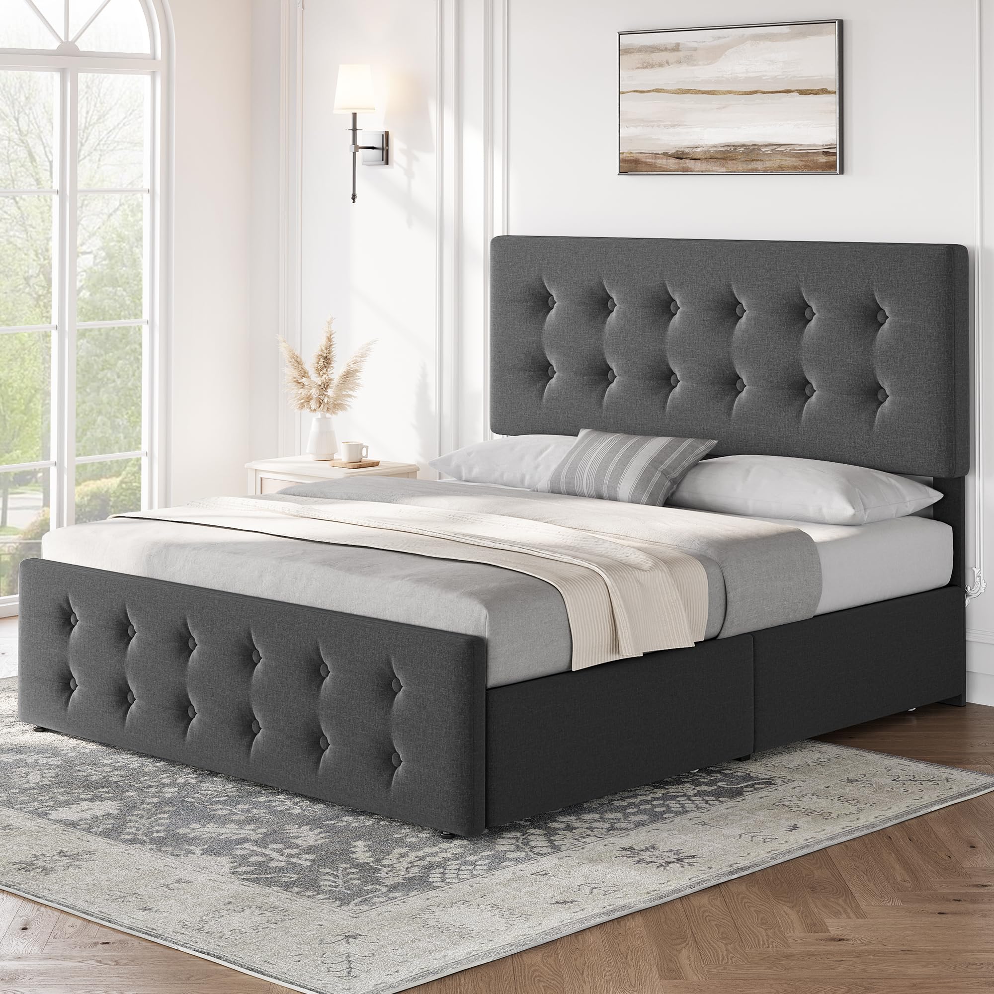 IDEALHOUSE Queen Size Bed Frame with 4 Storage Drawers and Headboard, Linen Upholstered Platform Bed Frame with Wooden Slats Support, Button Tufted Design, No Box Spring Needed, Dark Grey