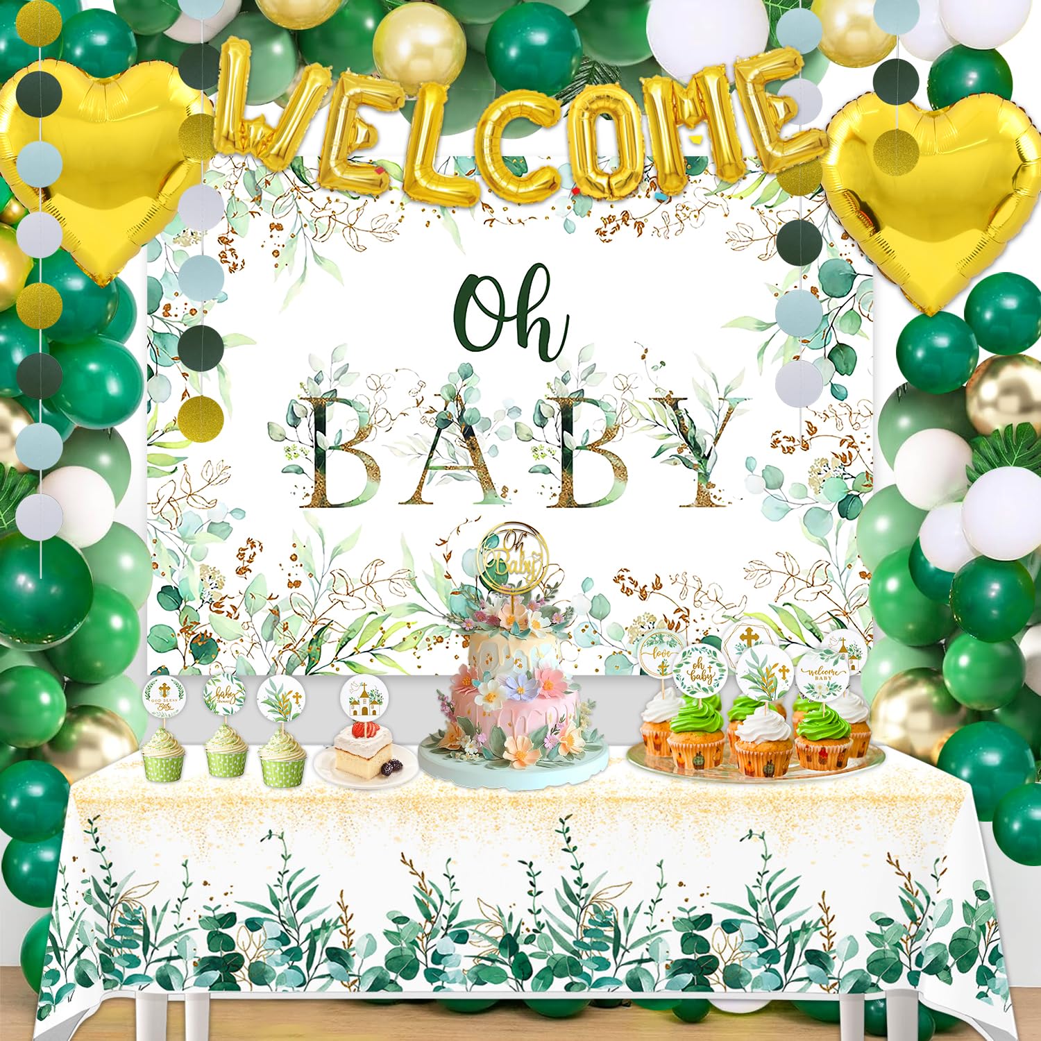 Sage Green Baby Shower Decorations, Neutral Baby Shower Party Decorations for Boy Girl with Oh Baby Backdrop, Tablecloth, Cake Topper, Balloon Garland, Dots Banner for Woodland Safari Gender Decor