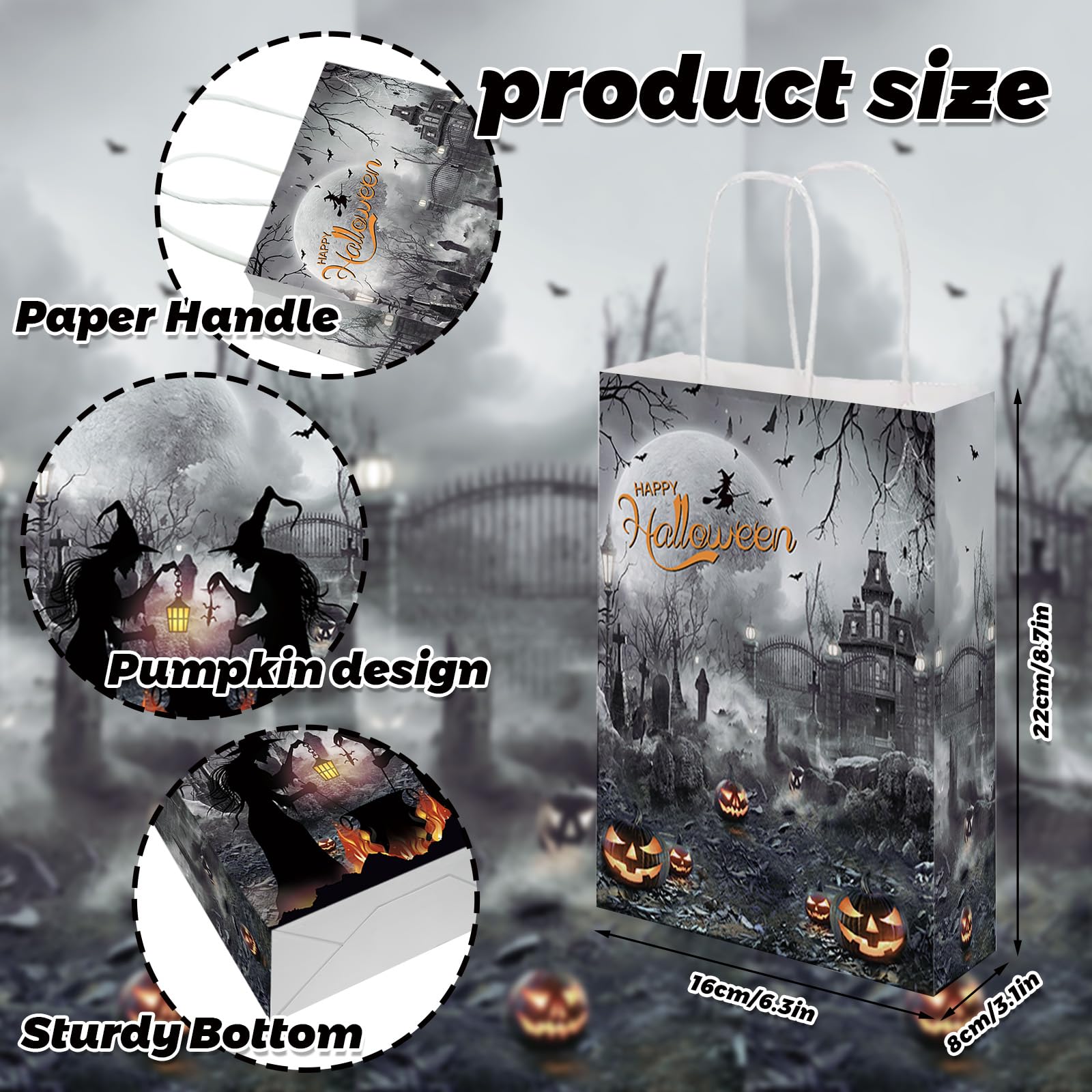 MEHOFOND Happy Halloween Treat Bags, Halloween Paper Bags with Handle Trick or Treat Bags with Pumpkin Spooky Witch Bats Cemetery Party Favor for Halloween Party Decorations 24Pcs