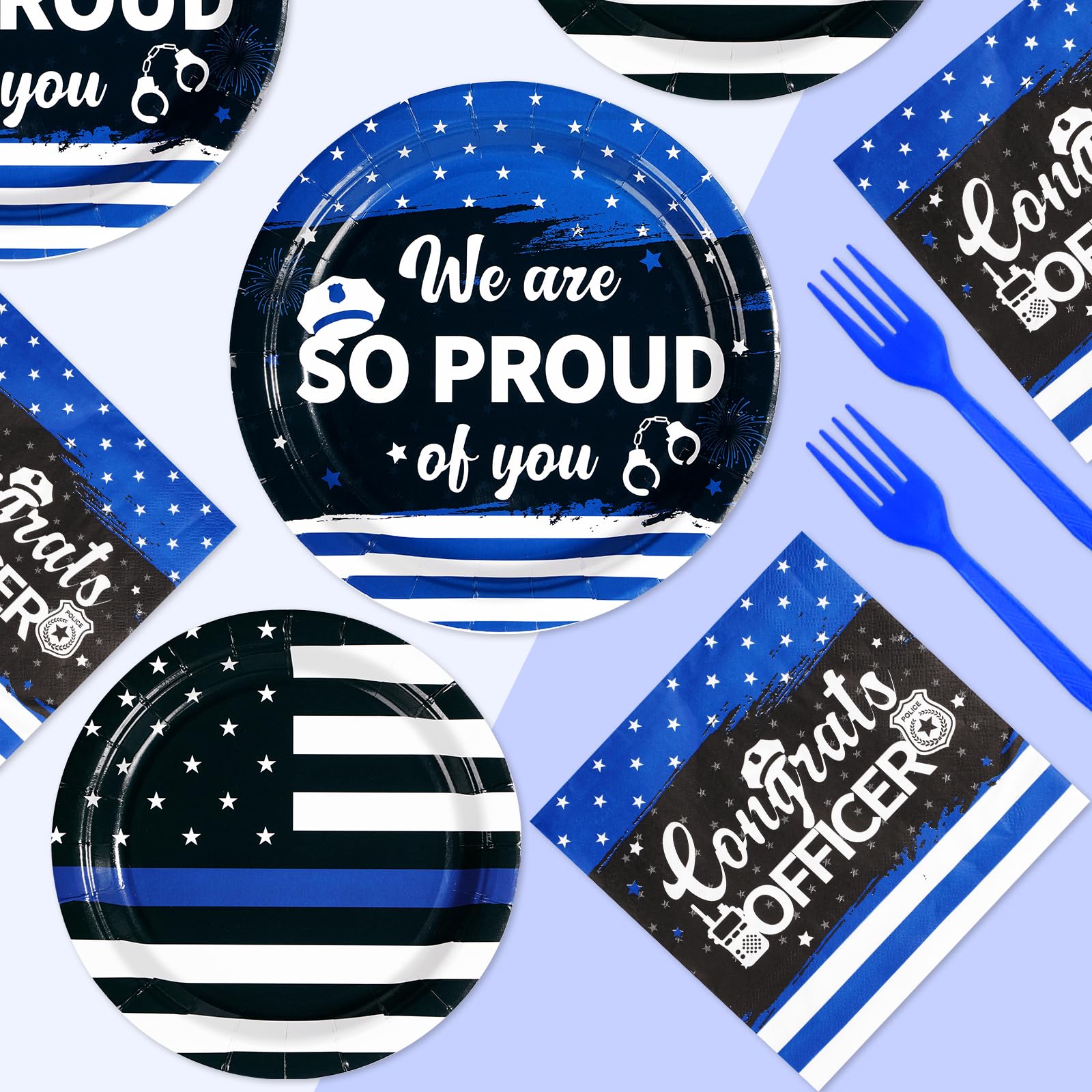 96Pcs Police Party Supplies 350 GSM We Are So Proud Of You Police Theme Plates and Napkins Congrats Officer Party Decorations for Police Retirement Academy Graduation Cops Promotion Party,Serves 24