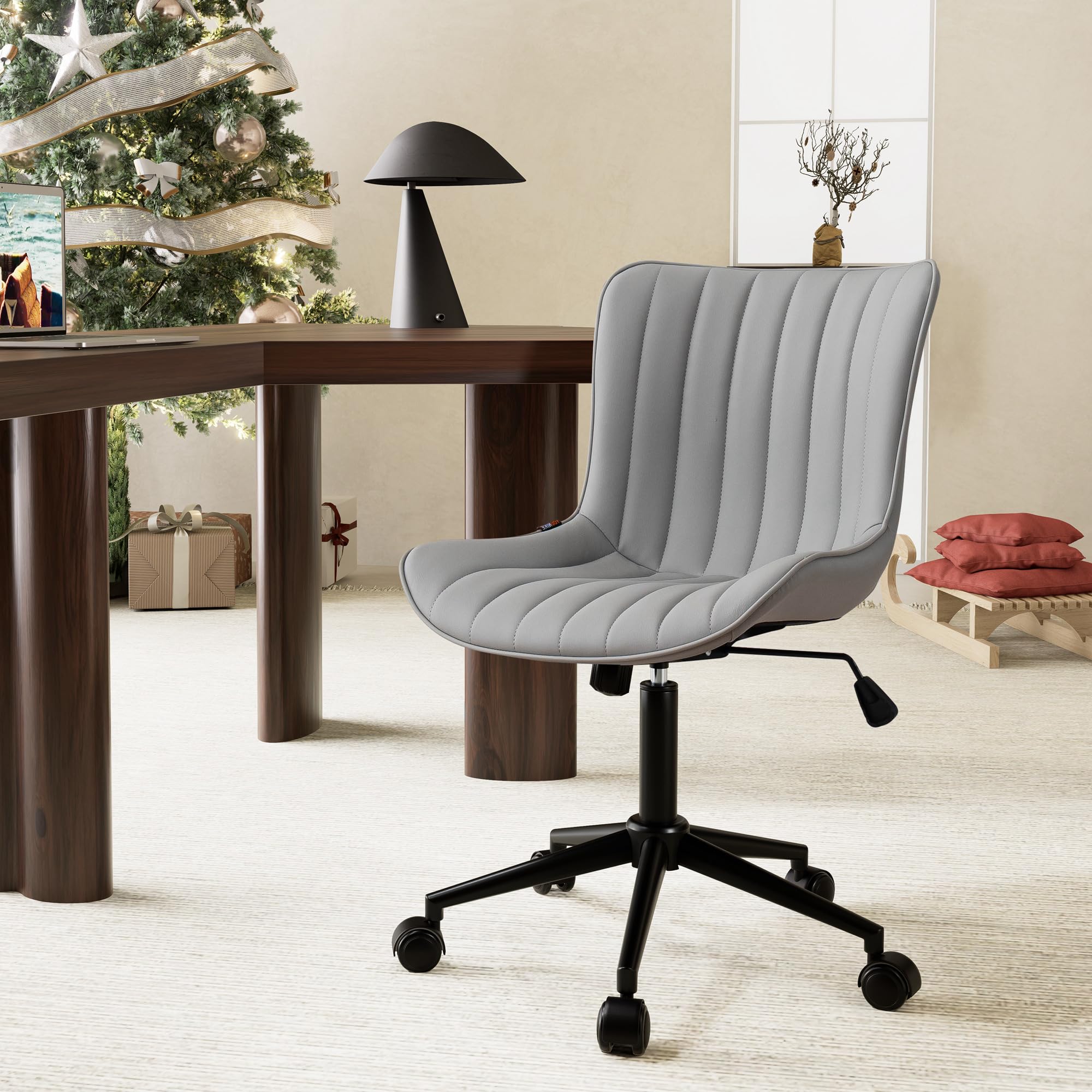 YOUNIKE Grey Ergonomic Home Office Desk Chair with Wheels Comfy Armless Criss Cross Chair with Adjustable Back Modern Leather Upholstered Swivel Vanity Chair Small Cute Rolling Task Chair for Women