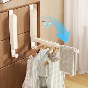 Over The Door Folding Clothes Drying Rack, Alluminum Alloy Hanger with Retractable Lod, Laundry Hanging Coat Rack with 6 Groves, Clothing Hanger Hook for Towel,Coat,Bag and Robe (White Hook Type)