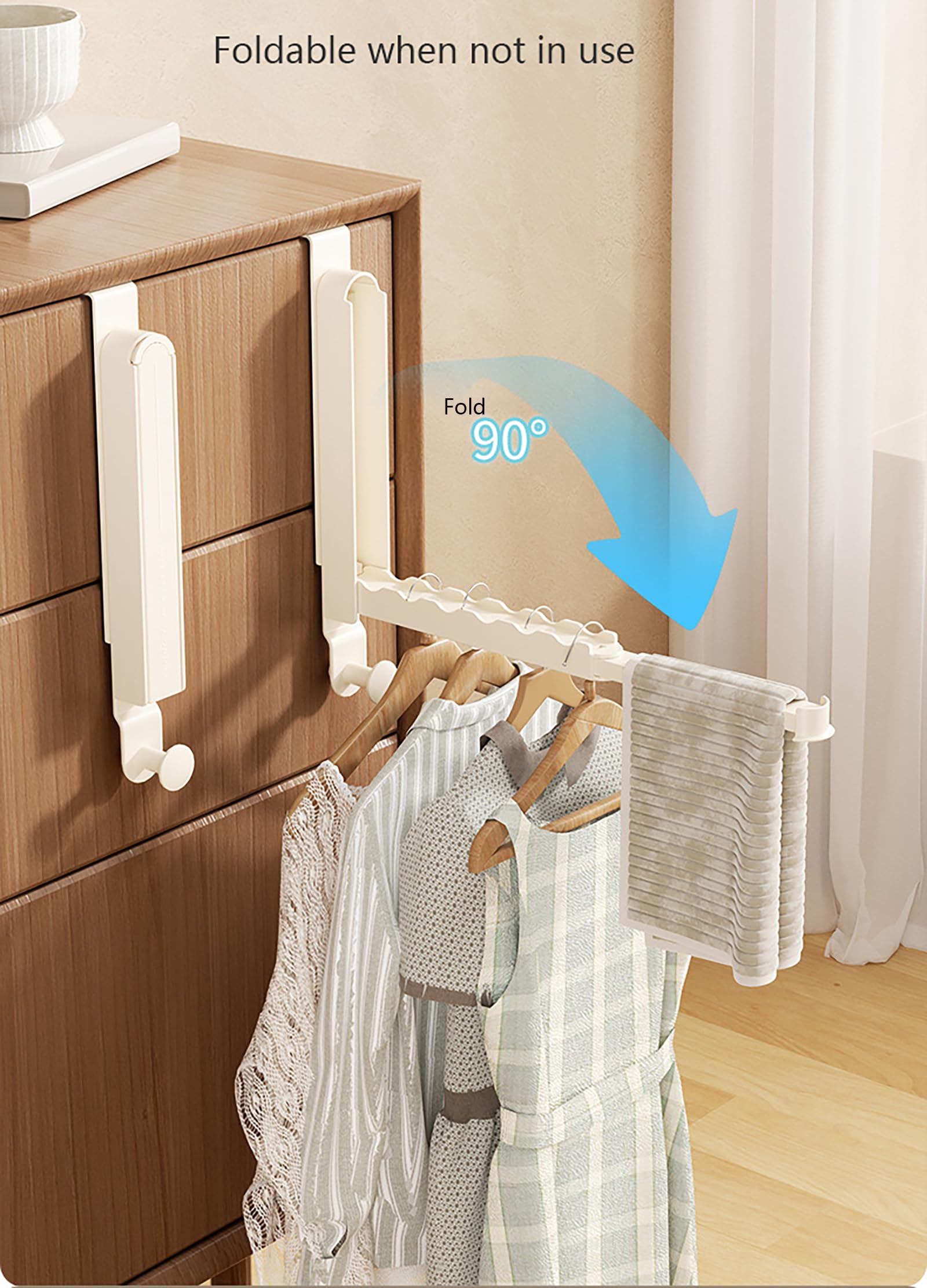 Over The Door Folding Clothes Drying Rack, Alluminum Alloy Hanger with Retractable Lod, Laundry Hanging Coat Rack with 6 Groves, Clothing Hanger Hook for Towel,Coat,Bag and Robe (White Hook Type)