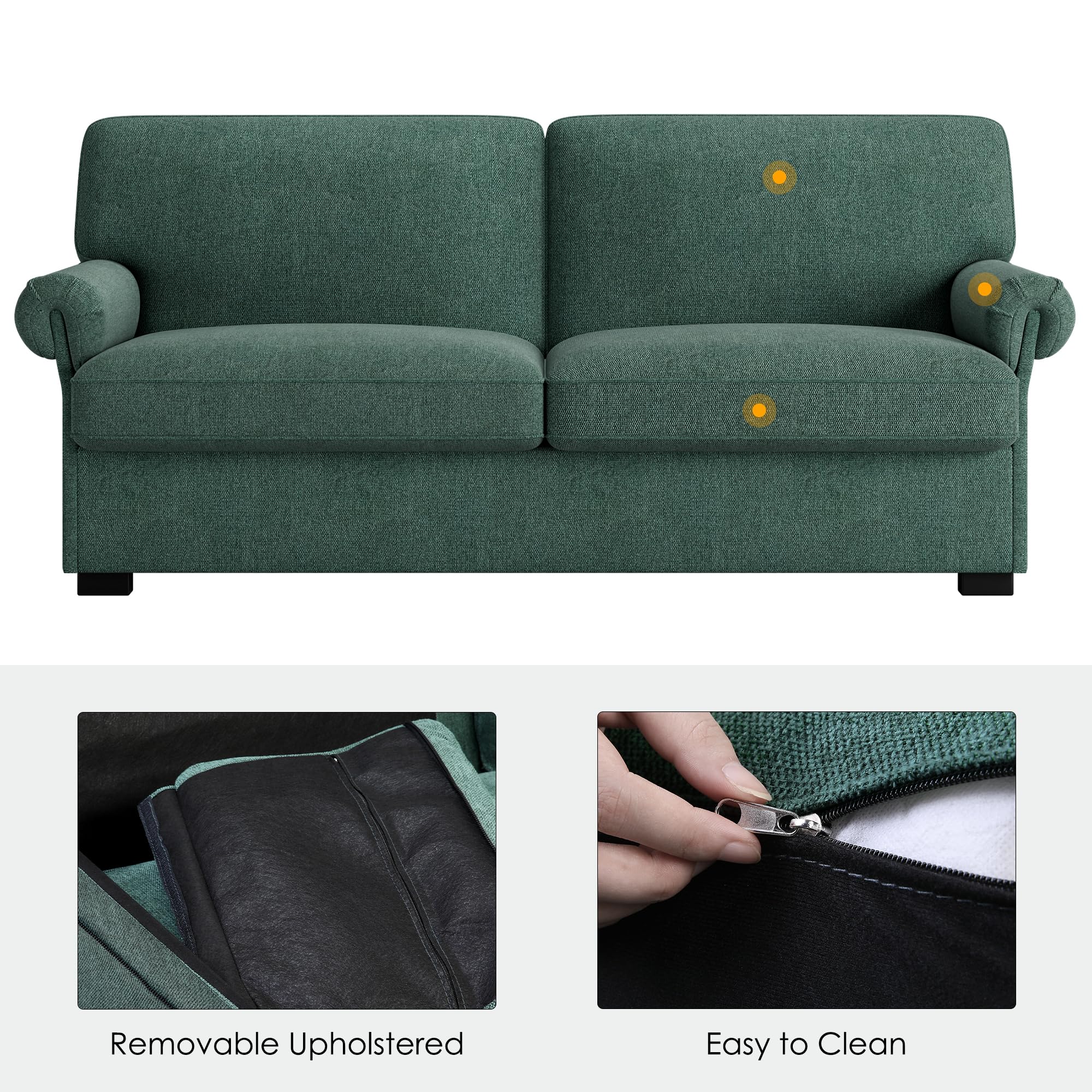 Keyluv 70.9" Modern Loveseat Sofa Couches for Living Room, Fabric Couches with 21.7" Deep Seat and Widen Curved Armrest, Solid Wood Frame, Removable Sofa Cover, Easy Assembly, Green