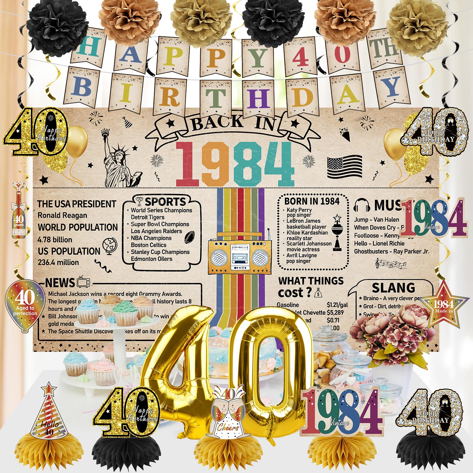 40th Birthday Decorations for Women, Yatufom 21Pcs Back in 1984 Birthday Party Supplies, Happy 40th Birthday Banner Forty Birthday Decorations