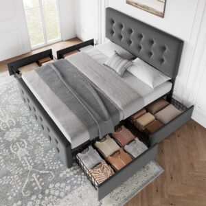 IDEALHOUSE Queen Size Bed Frame with 4 Storage Drawers and Headboard, Linen Upholstered Platform Bed Frame with Wooden Slats Support, Button Tufted Design, No Box Spring Needed, Dark Grey