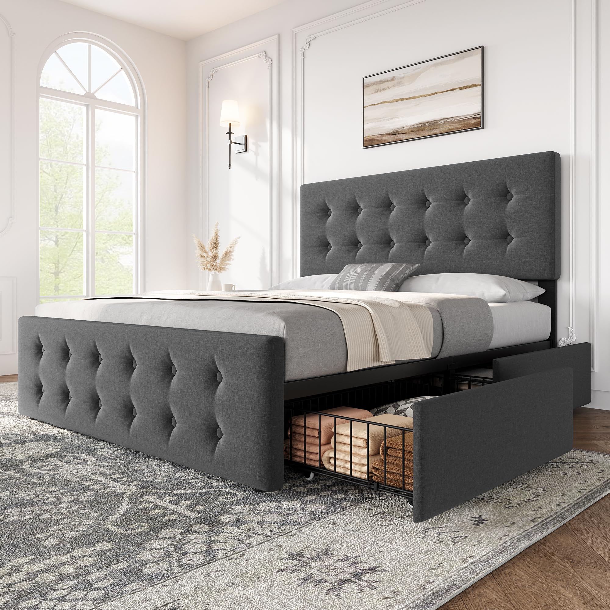 IDEALHOUSE Queen Size Bed Frame with 4 Storage Drawers and Headboard, Linen Upholstered Platform Bed Frame with Wooden Slats Support, Button Tufted Design, No Box Spring Needed, Dark Grey