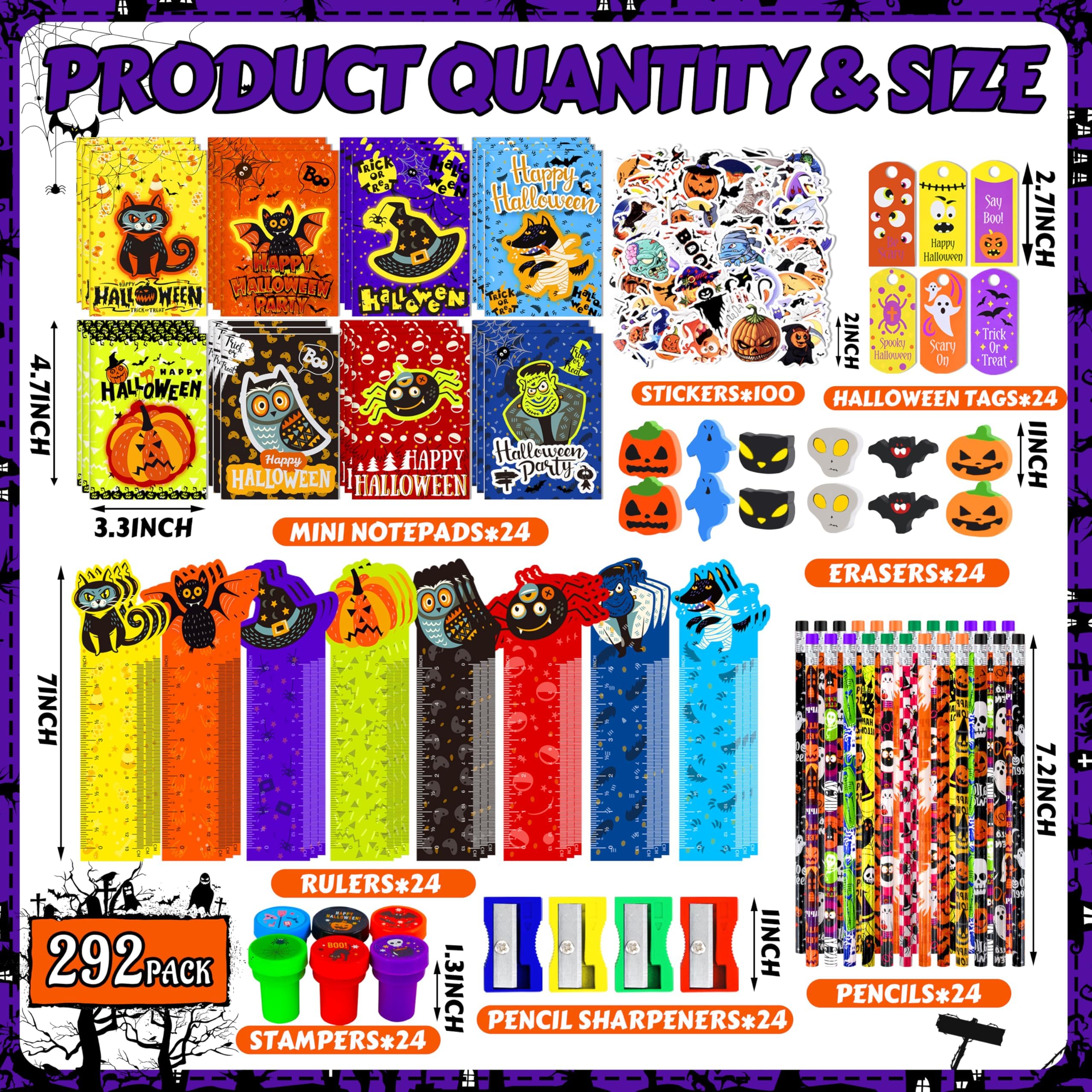 PURPERCAT Halloween Party Favor for Kids, 292 Pcs Large Halloween Stationery Set with Goody Treat Bags, Halloween Bulk Stationery for Class, Stationery Kit, Spooky Halloween Themed Party Gifts Prizes