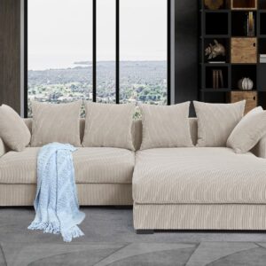 ACQCA 110" Modern Sectional Sofa with Right Facing Chaise, L Shaped Sleeper Couch with 6 Throw Pillows, Corduroy Loveseat for Living Room, Apartment, Beige 1