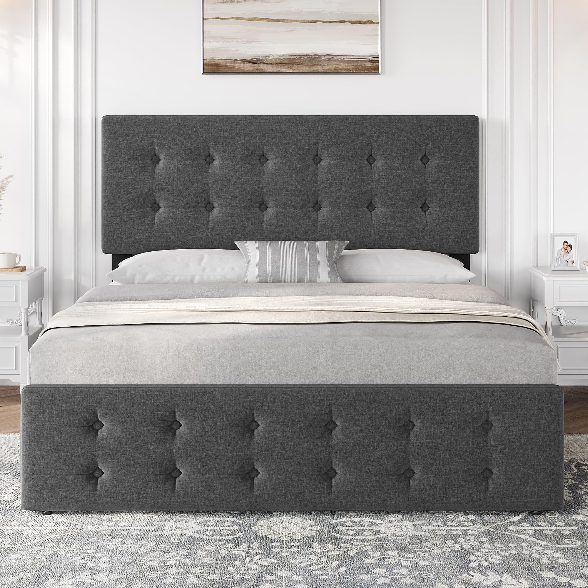 IDEALHOUSE Queen Size Bed Frame with 4 Storage Drawers and Headboard, Linen Upholstered Platform Bed Frame with Wooden Slats Support, Button Tufted Design, No Box Spring Needed, Dark Grey