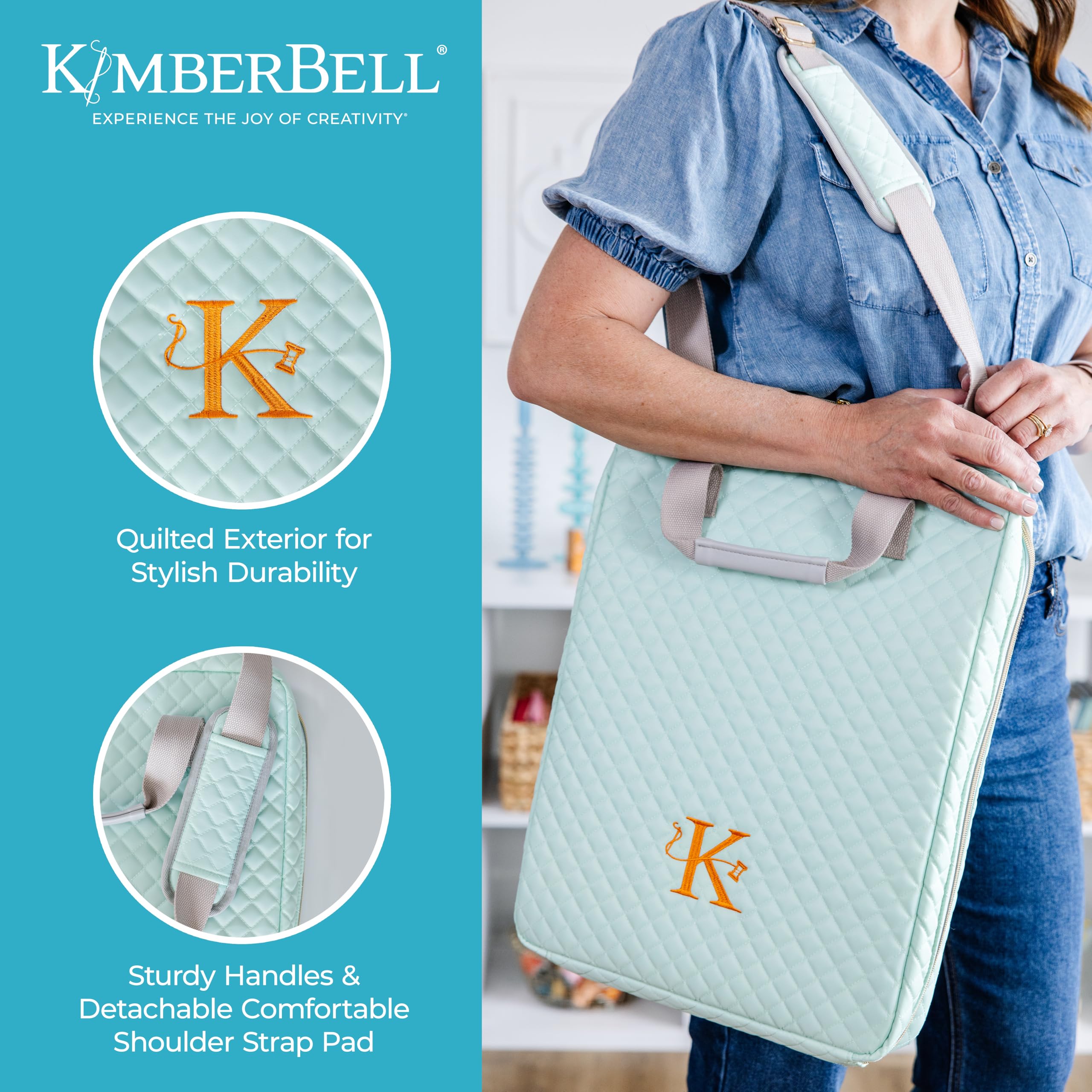 Kimberbell Tool Tote - Embroidery Bag for Quilting Supplies, Embroidery Organizer for Clear Blue Tiles, Orange Pop Rulers, and Sewing Supplies, Chic Craft Travel Bag, Craft Bag for Embroidery