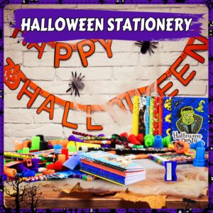 PURPERCAT Halloween Party Favor for Kids, 292 Pcs Large Halloween Stationery Set with Goody Treat Bags, Halloween Bulk Stationery for Class, Stationery Kit, Spooky Halloween Themed Party Gifts Prizes