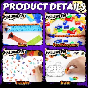 PURPERCAT Halloween Party Favor for Kids, 292 Pcs Large Halloween Stationery Set with Goody Treat Bags, Halloween Bulk Stationery for Class, Stationery Kit, Spooky Halloween Themed Party Gifts Prizes