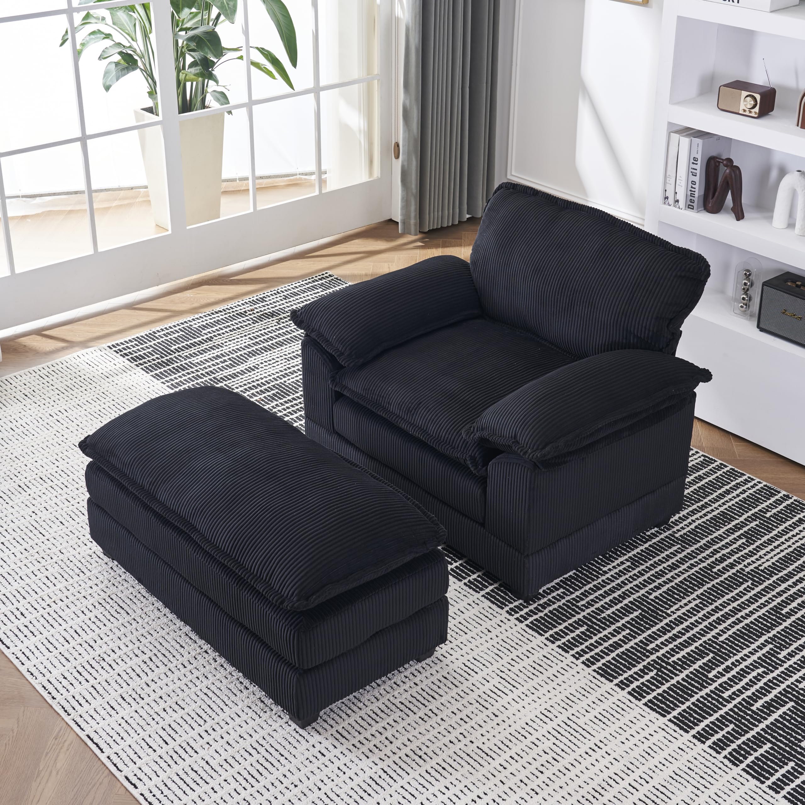 RUNNA 56.3 Inch Corduroy Single Sofa with 2 toss Pillows and a Ottoman,Comfy Sofa- Deep Seat Couch for Living Room (Black~049)