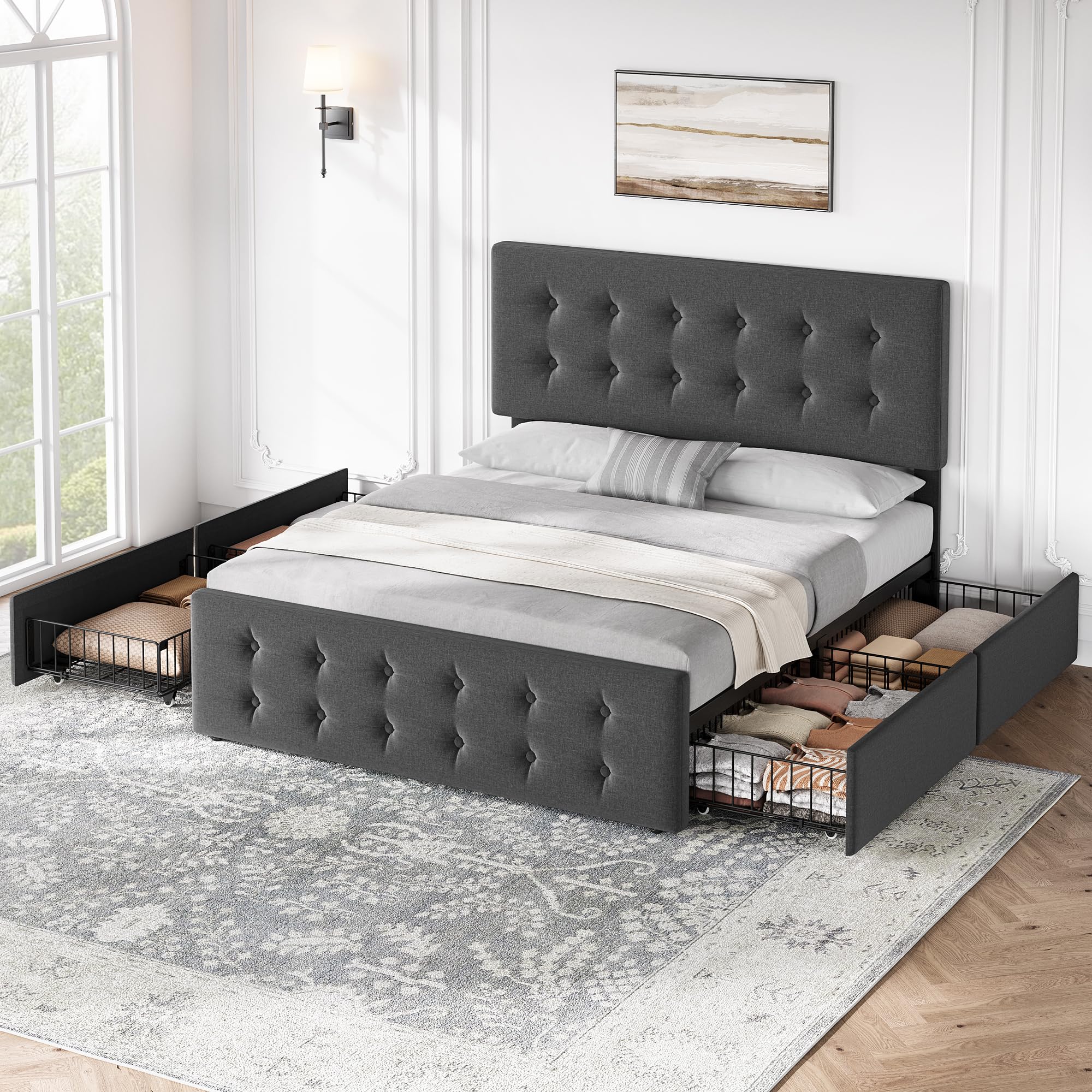 IDEALHOUSE Queen Size Bed Frame with 4 Storage Drawers and Headboard, Linen Upholstered Platform Bed Frame with Wooden Slats Support, Button Tufted Design, No Box Spring Needed, Dark Grey