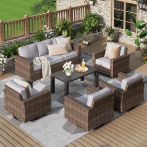 mixpatio 6 pieces patio furniture set, outdoor wicker rattan sofa couch with 5.5" thick comfy cushions, wide armrests swivel rocker chairs and coffe table, high back conversation set garden backyard