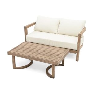 Merax 2-Piece Outdoor Acacia Wood Loveseat Sofa Couch with Coffee Table,Patio Furniture Conversation Set for Backyard