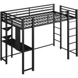 Shintenchi Loft Bed Twin Size with Desk and Storage Shelves, Twin Bed Frame with 2 Side Ladders for Kids, Teens Adults, Spcace-Saving Noise-Free and Anti-tilt Design, Black