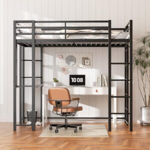 Shintenchi Loft Bed Twin Size with Desk and Storage Shelves, Twin Bed Frame with 2 Side Ladders for Kids, Teens Adults, Spcace-Saving Noise-Free and Anti-tilt Design, Black