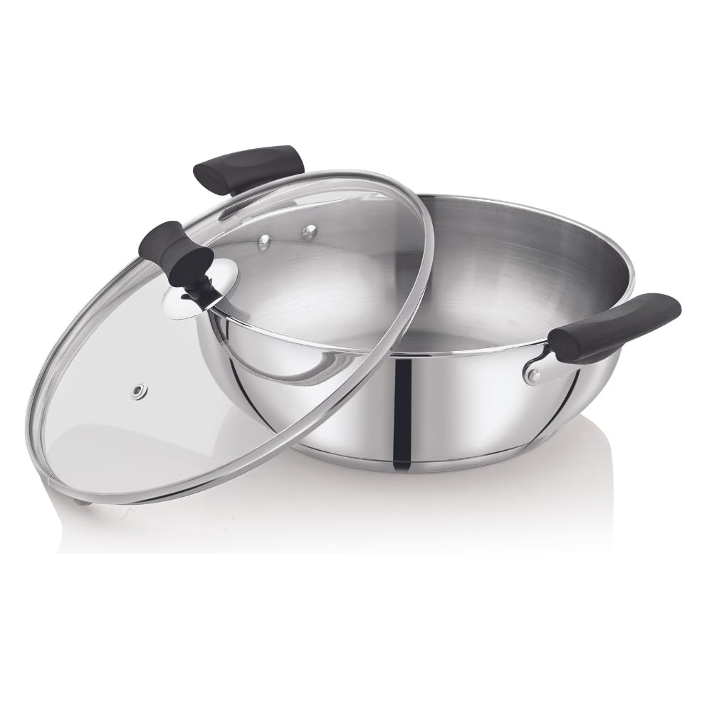 Vinod Stainless Steel Sandwich Bottom Solitaire Indian Kadhai with Glass Lid & Side Handle, 28 cm, 5.2 Ltr Capacity, Induction Friendly, Even Heat Distribution, Versatile Cooking Pot, Pack of 1