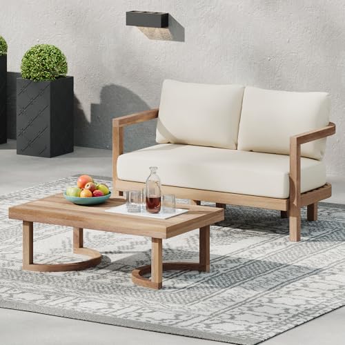 Merax 2-Piece Outdoor Acacia Wood Loveseat Sofa Couch with Coffee Table,Patio Furniture Conversation Set for Backyard