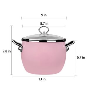 JUSTUP Enamel Stock Pot with Lid, 6-Quart Soup Pot with Circular Handle，Large Cooking Pot Boiling Pot for Gumbo, Stew, Boil, Pasta，Sauce (Pink), 13*9*6.7 Inch