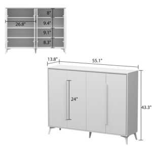 ECACAD 4-Tier Shoe Storage Cabinet with Adjustable Shelves & 4 Doors, Wood Shoe Rack Organizer with Metal Legs Free Standing Shoe Racks for Entryway, Bedroom, Hallway, White (55.1”W x 13.8”D x 37.4”H)