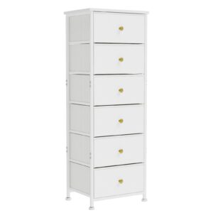 gipgiper tall skinny dresser, dresser for bedroom, 6 drawers storage organizer, white fabric dresser for closet, with sturdy steel frame, metal handle, leather front, wood top, living room, nursery