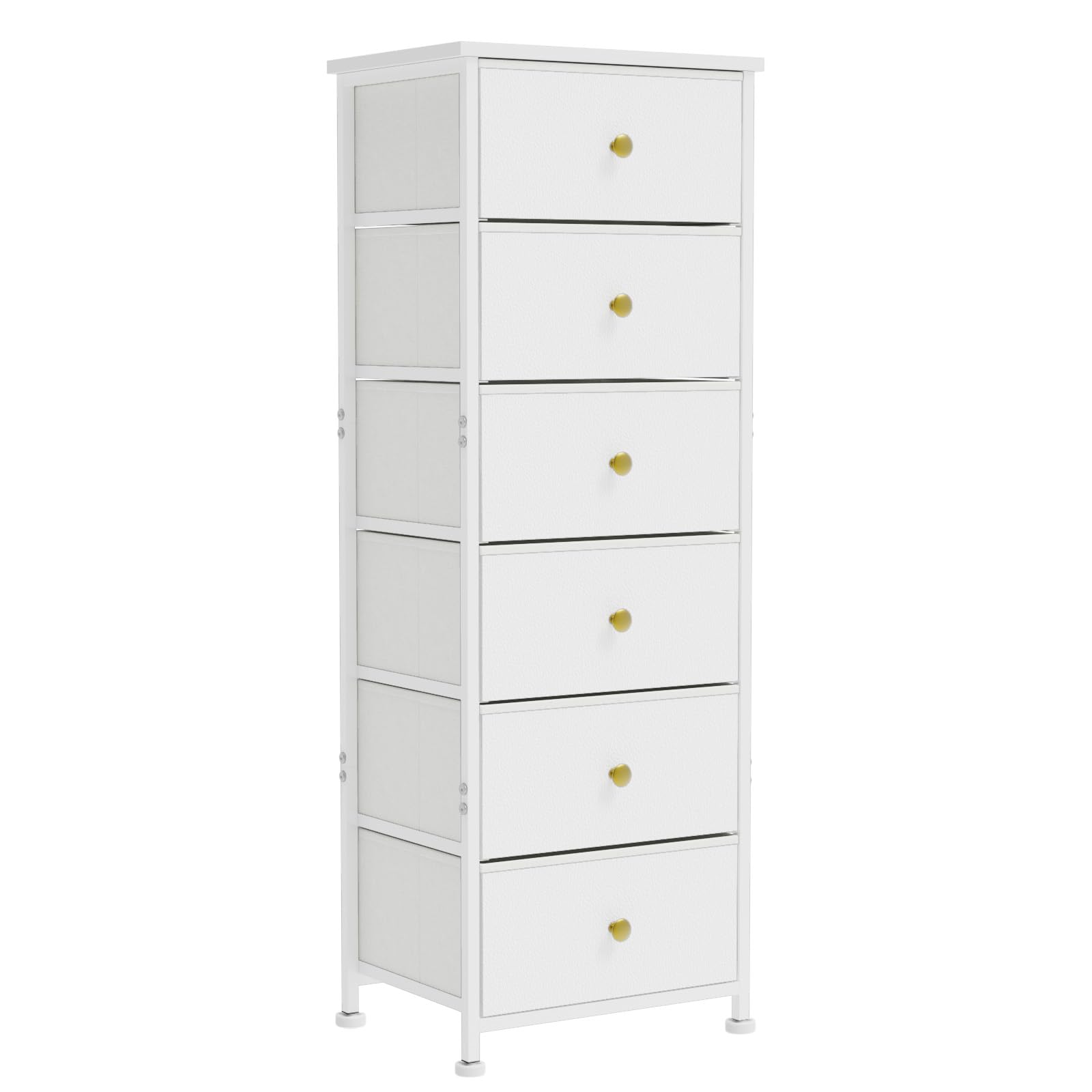 GipGiper Tall Skinny Dresser, Dresser for Bedroom, 6 Drawers Storage Organizer, White Fabric Dresser for Closet, with Sturdy Steel Frame, Metal Handle, Leather Front, Wood Top, Living Room, Nursery