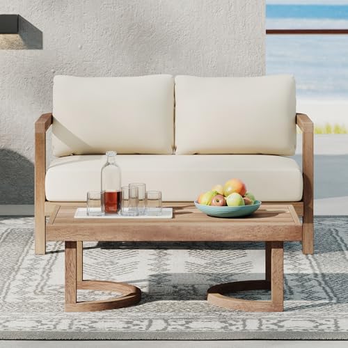 Merax 2-Piece Outdoor Acacia Wood Loveseat Sofa Couch with Coffee Table,Patio Furniture Conversation Set for Backyard