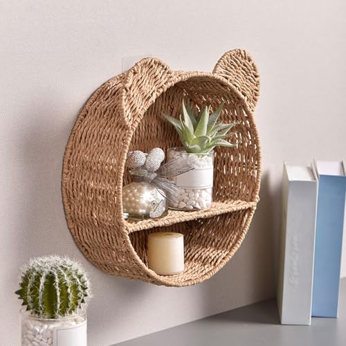 Uitndvyte Bear Ear Shape Wall Mounting Shelf Rattan Wall Shelves Small Plant Display Storage Rack Woven Hanging Storage Basket