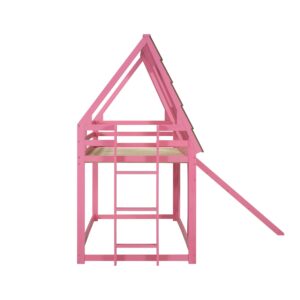 SOFTSEA Pink House Bunk Bed with Roof Low Bunk Bed with Slide for Girls, Twin Over Twin