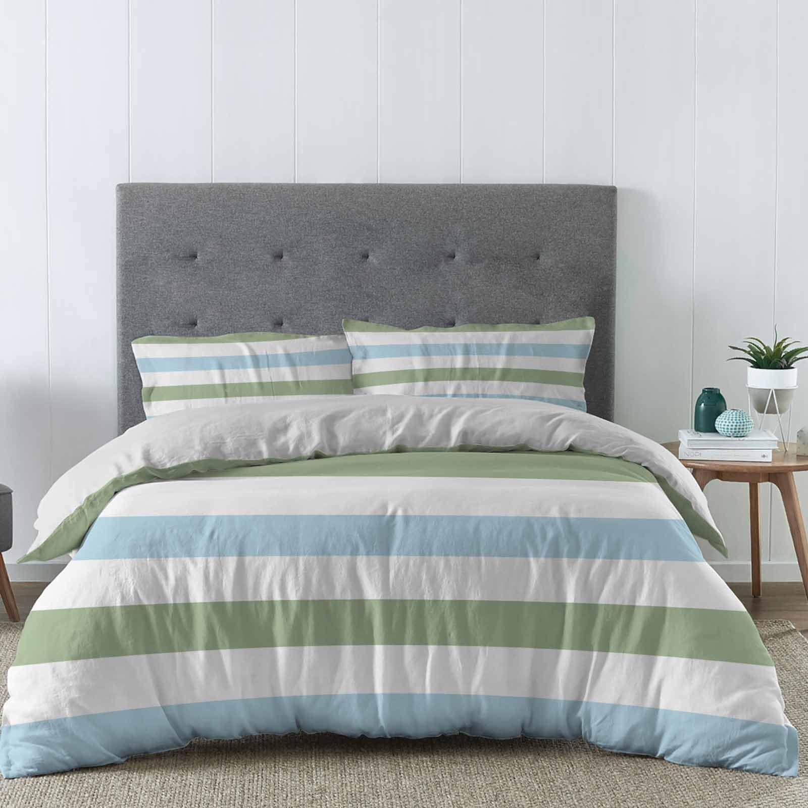 ALAGEO Sage Green Blue Duvet Cover Sets Stripe Bedding Sets 3 Pcs Soft Comforter Covet Set Including 1 Quilt Cover 2 Pillow Cases, Queen Size Comforter Cover Set with Zipper Closure