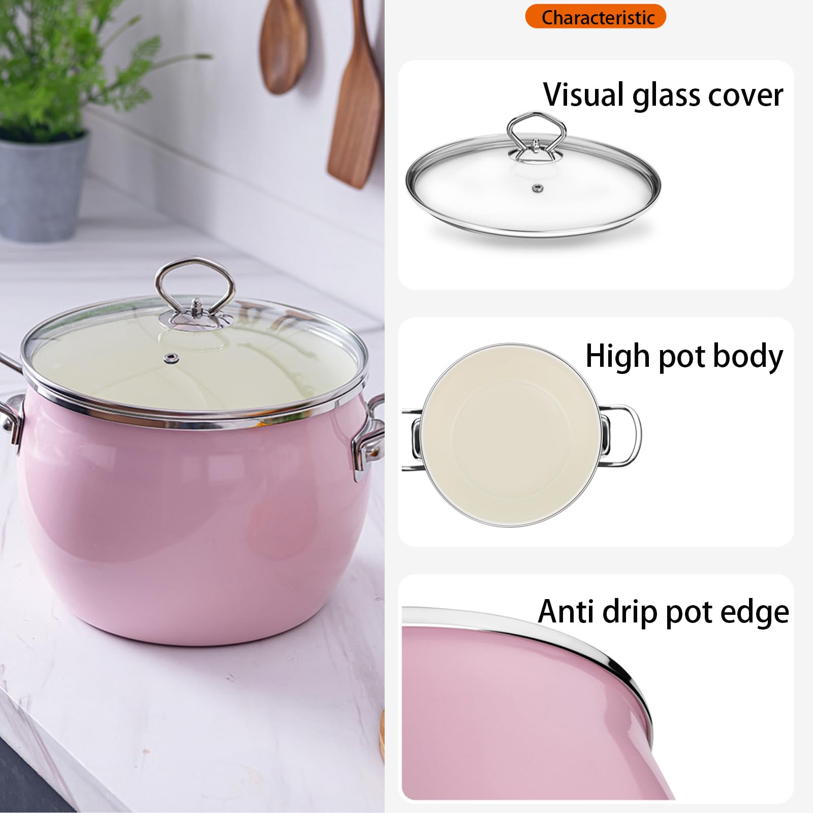 JUSTUP Enamel Stock Pot with Lid, 6-Quart Soup Pot with Circular Handle，Large Cooking Pot Boiling Pot for Gumbo, Stew, Boil, Pasta，Sauce (Pink), 13*9*6.7 Inch