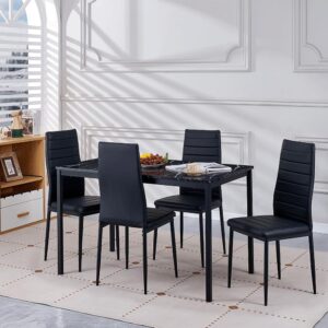 DZOVAD Black 5-Piece Dining Set, Kitchen Table Chairs Set of 4 for Kitchen & Dining Room, Dinette, Space-Saving with MDF Board Table Top, 4 Upholstered PU Leather Chairs, Metal Steel Frame