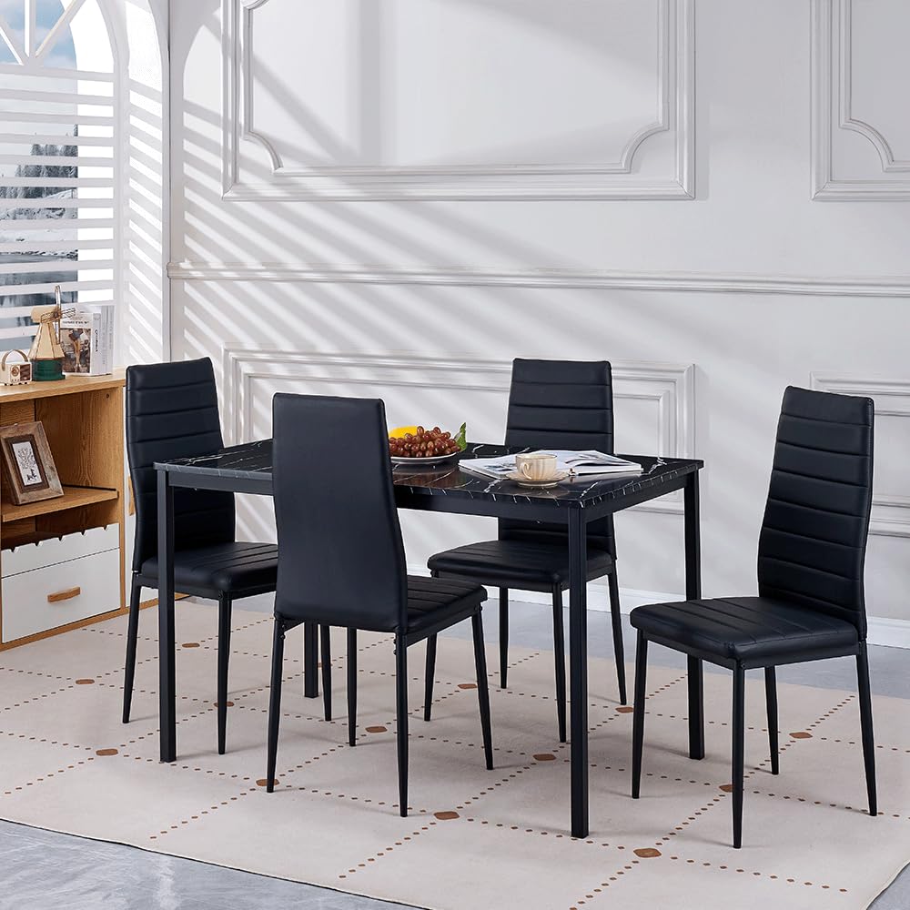 DZOVAD Black 5-Piece Dining Set, Kitchen Table Chairs Set of 4 for Kitchen & Dining Room, Dinette, Space-Saving with MDF Board Table Top, 4 Upholstered PU Leather Chairs, Metal Steel Frame