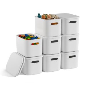 bobiboss 8 pack white stackable storage bins with lids for shelves, plastic storage containers with lids for organizing, storage boxes with handle, white storage bins for classroom, craft, snacks