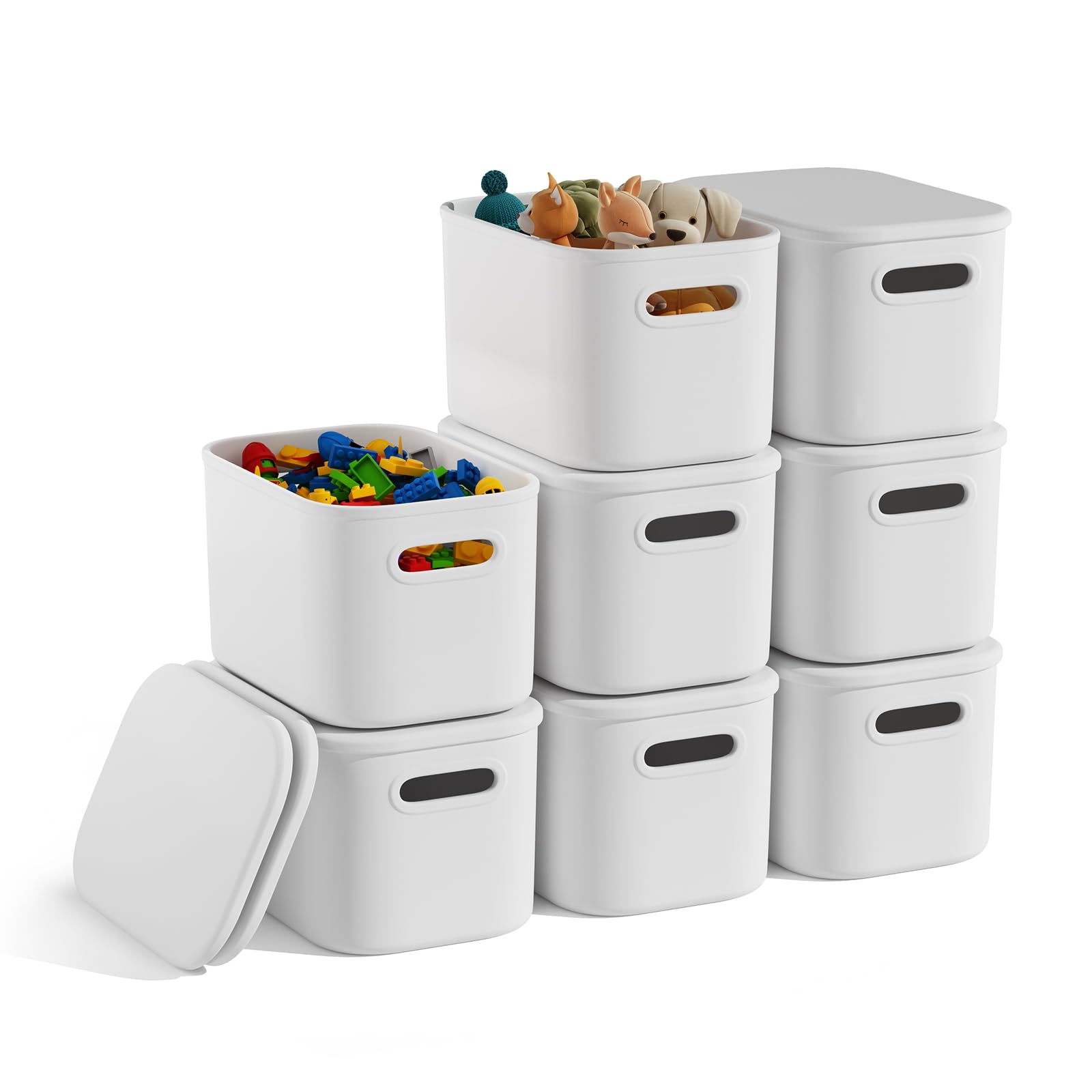 BOBIBOSS 8 Pack White Stackable Storage Bins with Lids for Shelves, Plastic Storage Containers with Lids for Organizing, Storage Boxes with Handle, White Storage Bins for Classroom, Craft, Snacks