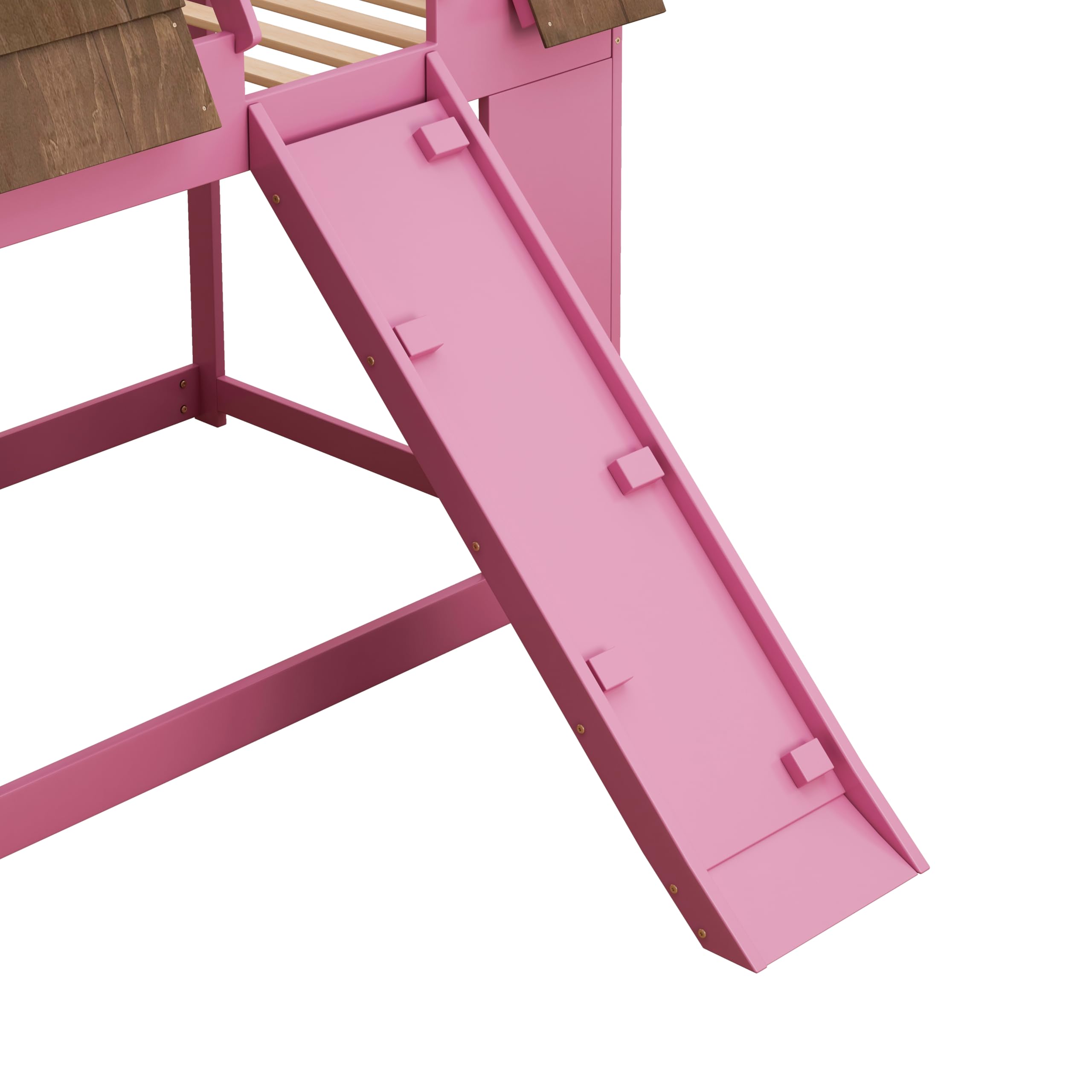 SOFTSEA Pink House Bunk Bed with Roof Low Bunk Bed with Slide for Girls, Twin Over Twin