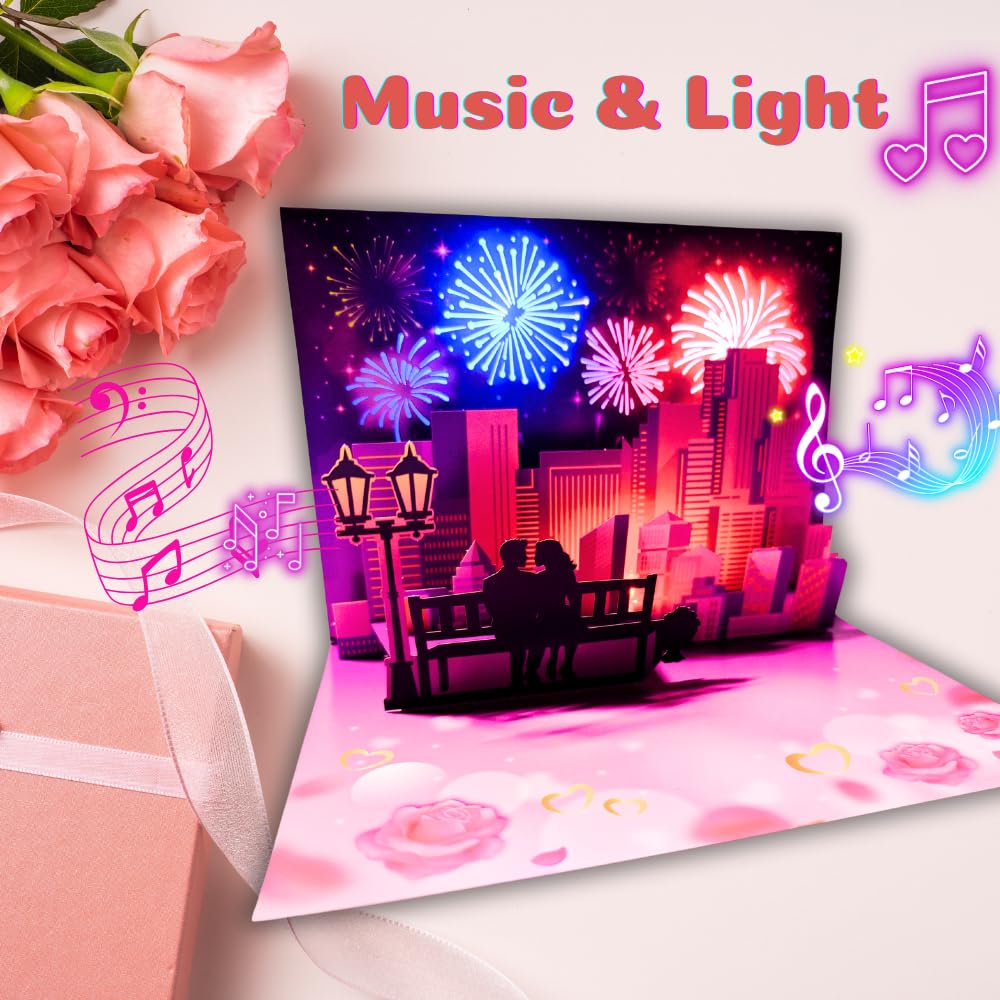 APOTODITO Anniversary Pop up Cards, Musical Anniversary Card with Light and Music, Happy Anniversary Cards for Men Women Couple Wife Husband Valentine (Pink)