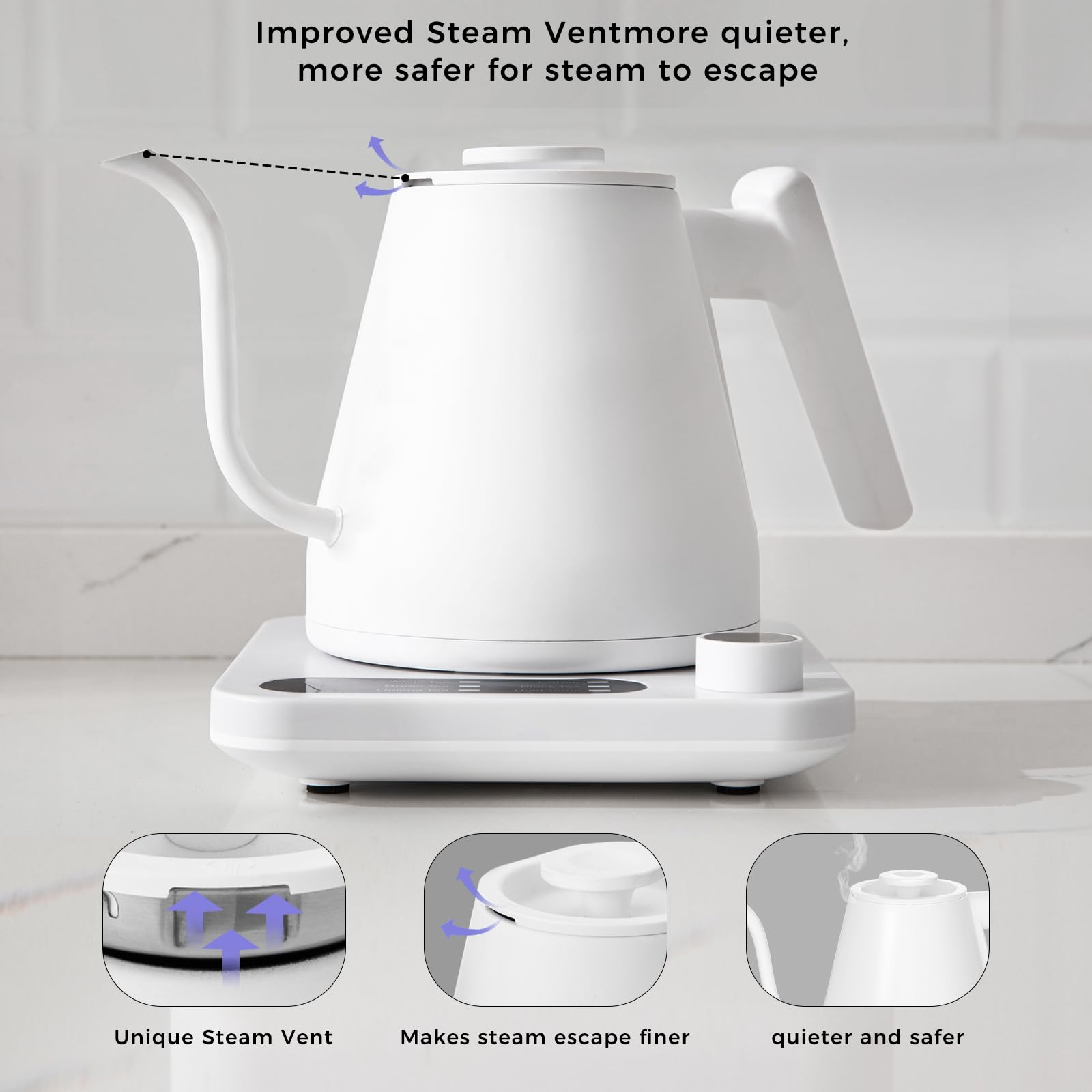 Gooseneck Electric Kettle, Custom Temperature Control,1200 W Fast Boil & 2H Auto Keep Warm, Real-time Temp Display, Precise Pouring, Pour Over Coffee Kettle & Tea Kettle, Stainlee Steel (White)