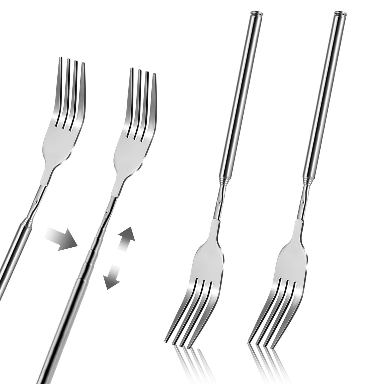 2Pcs Extendable Forks 8.7 to 25.6 Inch Adjustable Telescopic Fork, Stainless Steel Long Fork Retractable Dinner Fork for Fruit Dessert BBQ